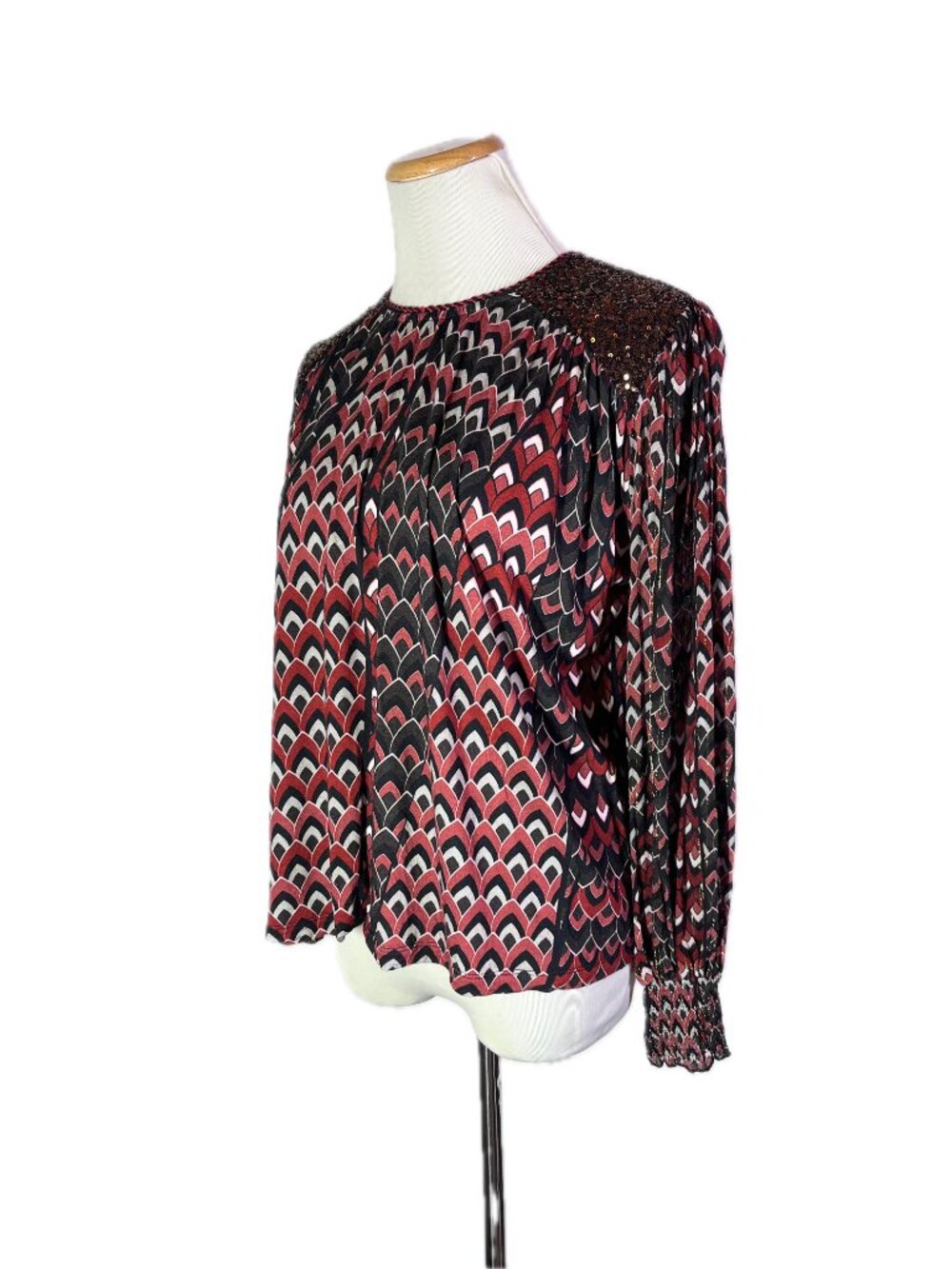bl^nk London Size M Long Sleeve Top Smocked Cuffs Red Black Sequins